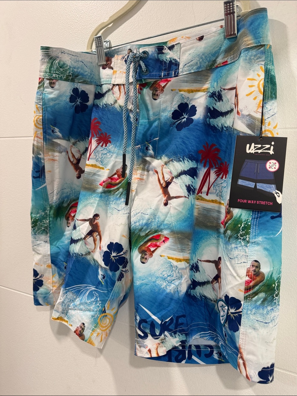 Uzzi Board Shorts Mens Medium Blue New Surfer Graphic Four Way Stretch Swim